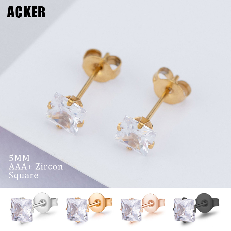 [ACKER] 5mm 1pasang 925silver Titanium Stainless Cubic Zirconia Square Diamond AAA+Anting Tusuk Zircon Untuk Wanita/Pria