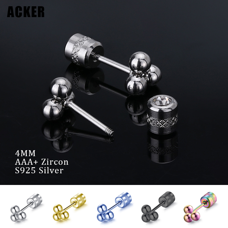 [ACKER] 5mm 1pasang 925silver Titanium Stainless Cubic Zirconia Diamond AAA+Anting Tusuk Zircon Untuk Wanita/Pria