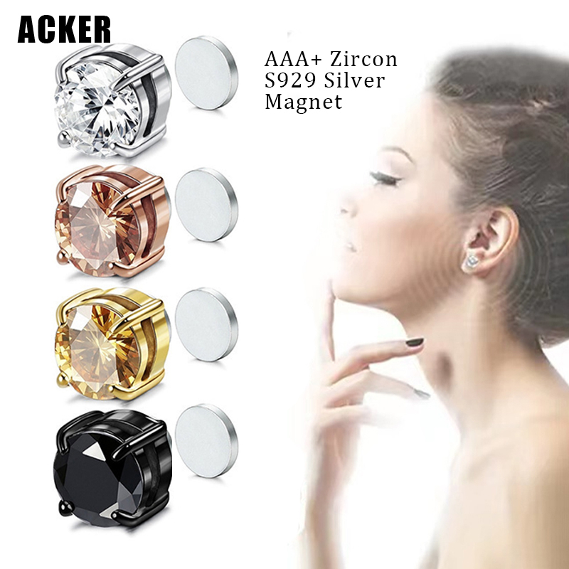 [ACKER] 6/8mm 1pasang925 Perak Cubic Zirconia Titanium Stainless Berlian AAA+Zircon Magnetik Tanpa Tindik Telinga Stud Earrings Untuk Wanita Pria