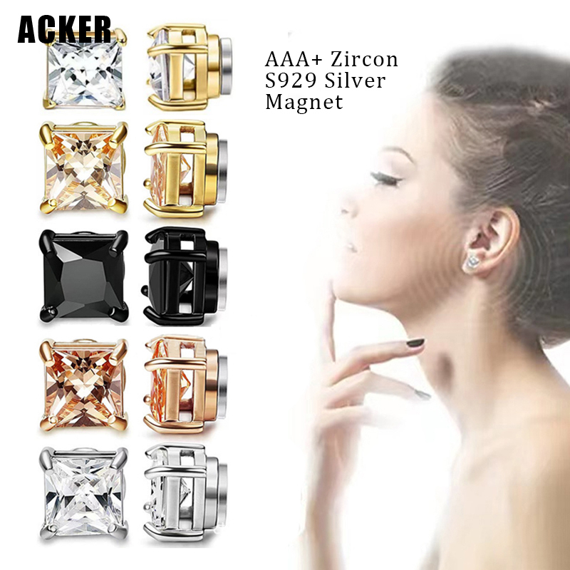 [ACKER] 6/8mm 1pasang925 Perak Cubic Zirconia Titanium Stainless Berlian AAA+Zircon Magnetik Tanpa Tindik Telinga Square Stud Earrings Untuk Wanita Pria