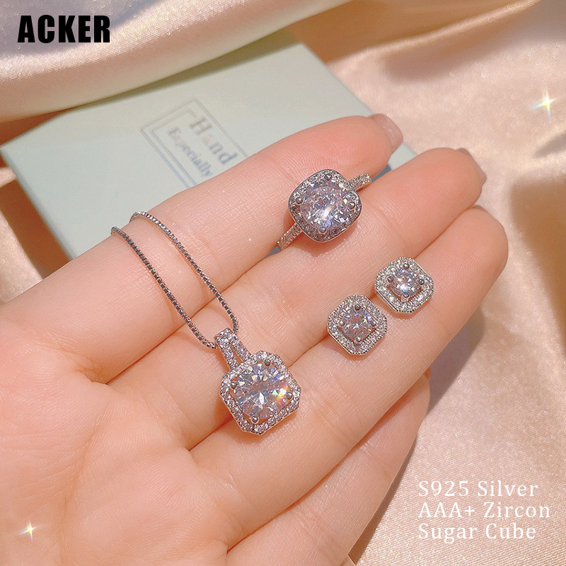 [ACKER] Set Kalung Anting Cincin Perak925 Cubic Zirconia Titanium Anti Karat Diamond AAA+Zircon Square Untuk Wanita