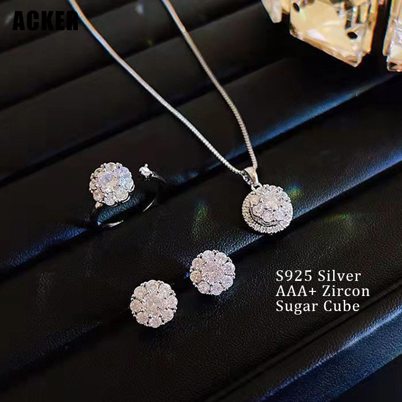 [ACKER] Set Kalung Anting Cincin Perak925 Cubic Zirconia Titanium Anti Karat AAA+Zircon Snowflake Untuk Wanita