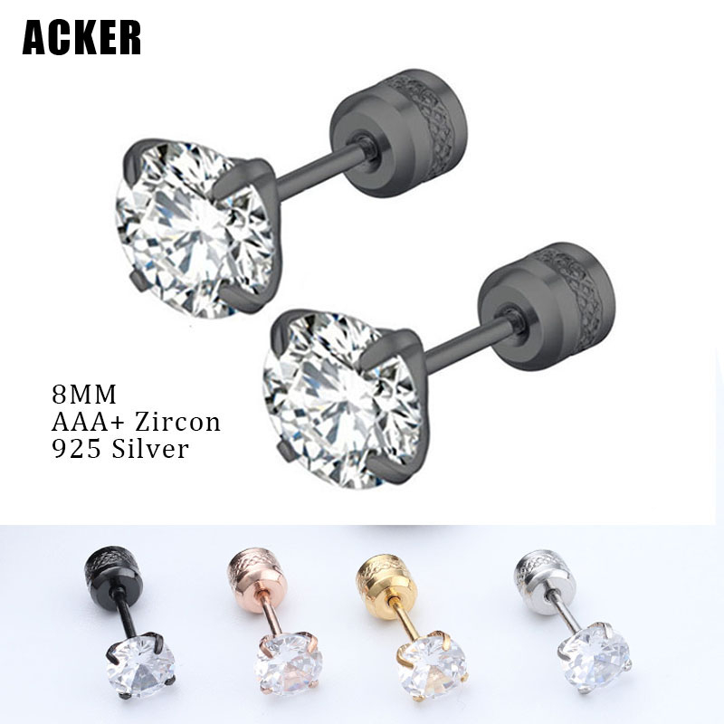 [ACKER] 8mm 1pasang Anting Tusuk Titanium Stainless Diamond AAA+Zircon Untuk Pria/Wanita