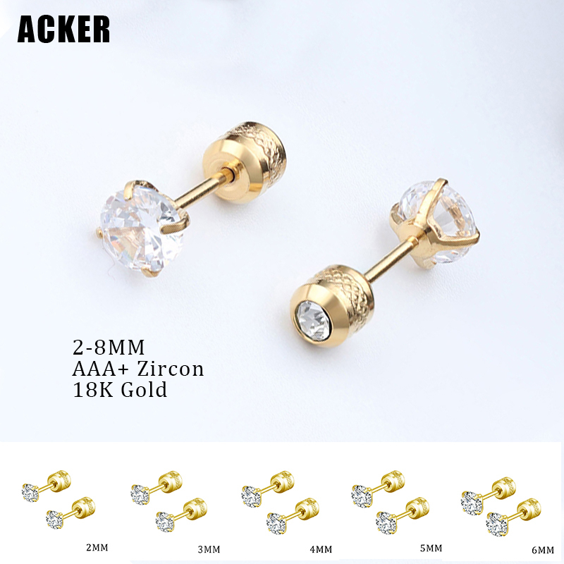 [ACKER] 2-8mm 1pasang Anting Tusuk Emas 18K Titanium Stainless Diamond AAA+Zircon Untuk Pria/Wanita