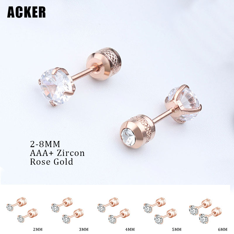 [ACKER] 2-8mm 1pasang Anting Tusuk Rose Gold Titanium Stainless Diamond AAA+Zircon Untuk Pria/Wanita