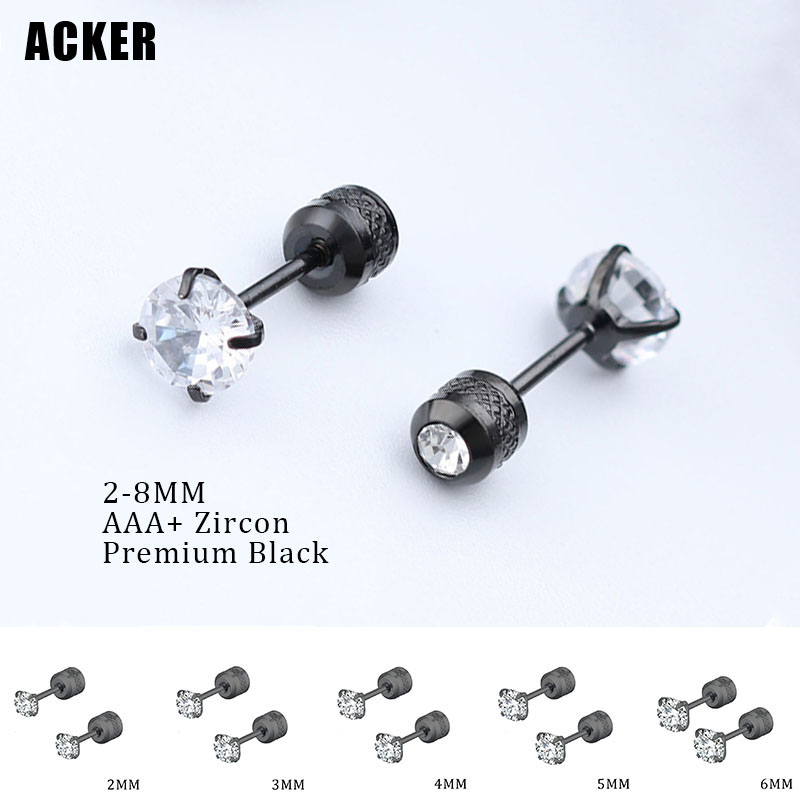 [ACKER] 2-8mm 1pasang Anting Tusuk Titanium Stainless Diamond AAA+Zircon Hitam Premium Untuk Pria/Wanita