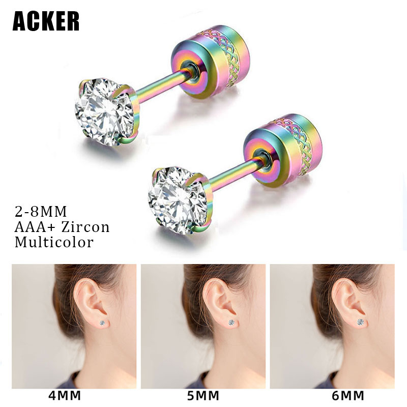 [ACKER] 2-8mm 1pasang Anting Tusuk Multicolor Titanium Stainless Diamond AAA+Zircon Untuk Pria/Wanita