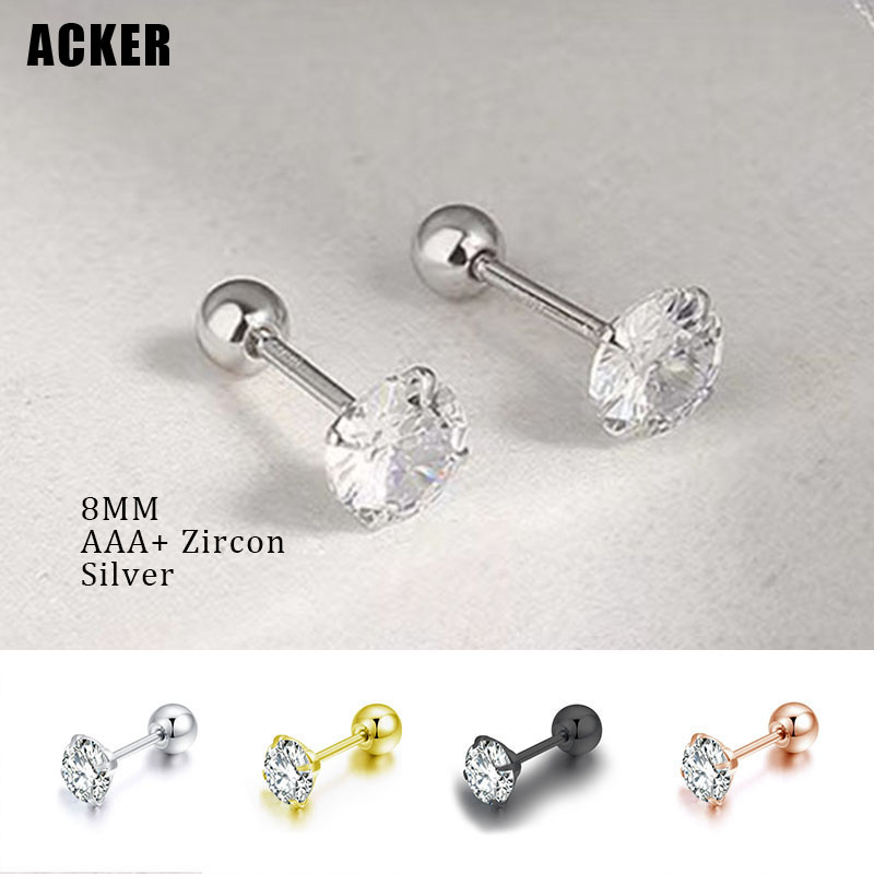 [ACKER] 8mm 1pasang925silver Cubic Zirconia Titanium Stainless Berlian AAA+Zircon Anting Tusuk Untuk Wanita