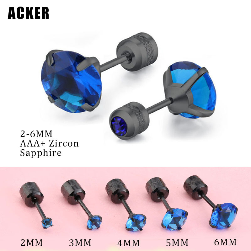 [ACKER] 2-6mm 1pasang Anting Tusuk Sapphire Cubic Zirconia Titanium Stainless Diamond AAA+Zircon Untuk Wanita