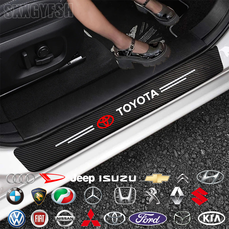 4buah strip Ambang Mobil 3D Serat Karbon Pelindung Pintu Stiker pedal Kaki anti-Tabrakan Perlindungan Stiker Dekoratif