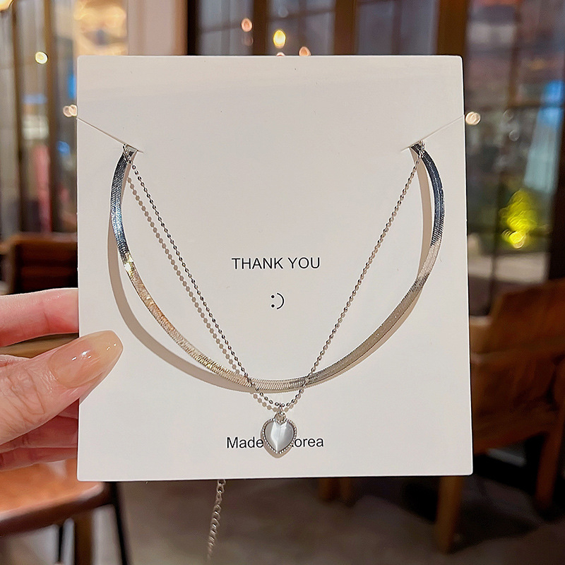 Kalung Liontin Hati Opal Berlapis Ganda Mewah Perhiasan Wanita Super Manis