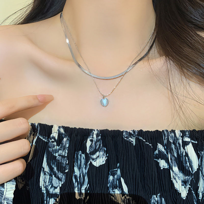 Kalung Liontin Hati Opal Berlapis Ganda Mewah Perhiasan Wanita Super Manis