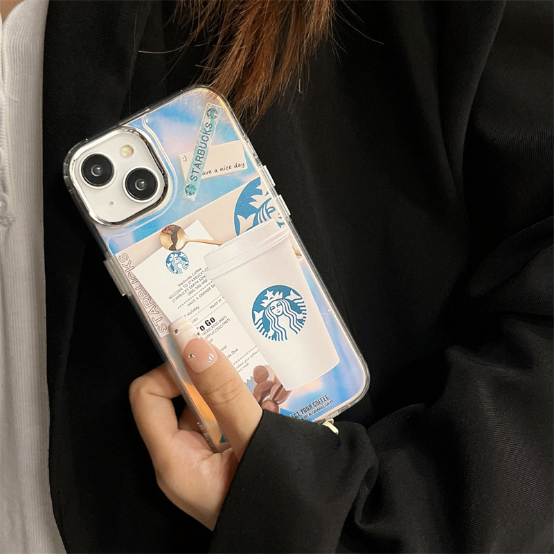 IPHONE Juji laser plating Kopi Starbucks Soft Tpu Phone Case Kompatibel Untuk Iphone14 13 12 11 pro maxX XR XS Max Fashion Trendi Merek Anti-Jatuh Cover