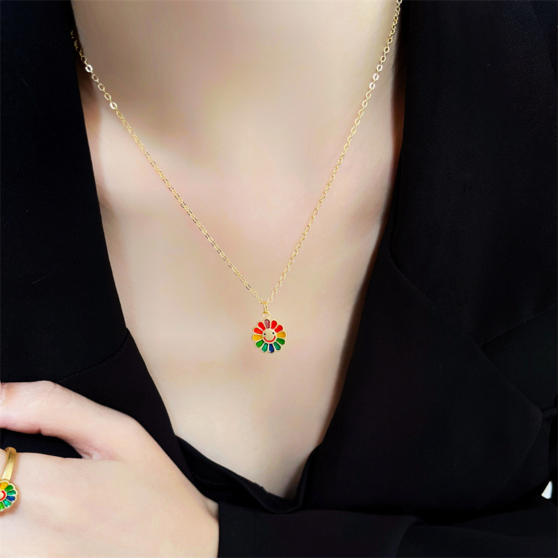 Warna-warni Smiley Face Bunga Matahari Kalung Wanita Anting Cincin