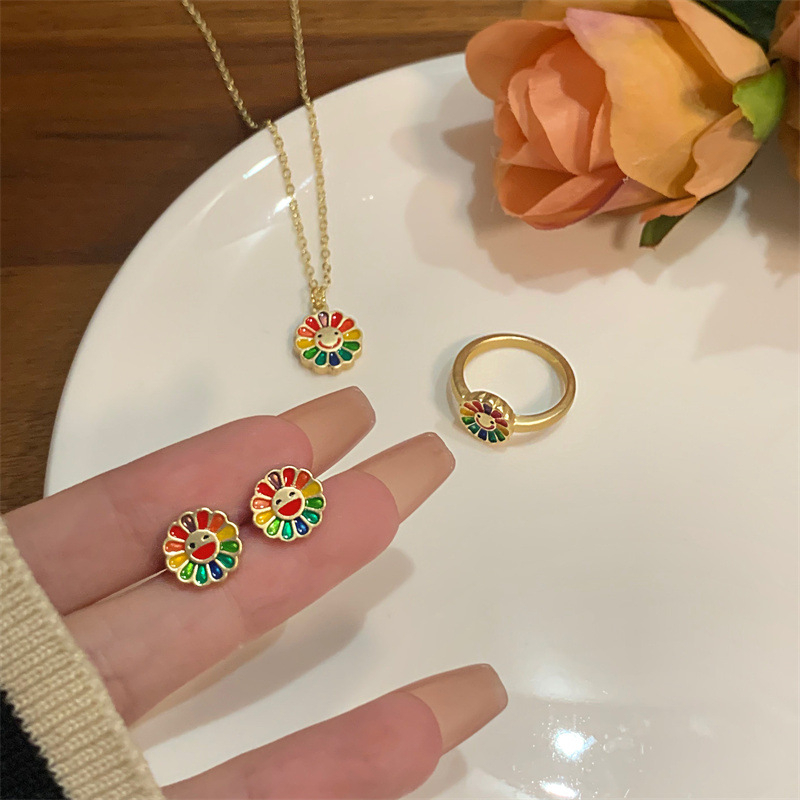 Warna-warni Smiley Face Bunga Matahari Kalung Wanita Anting Cincin