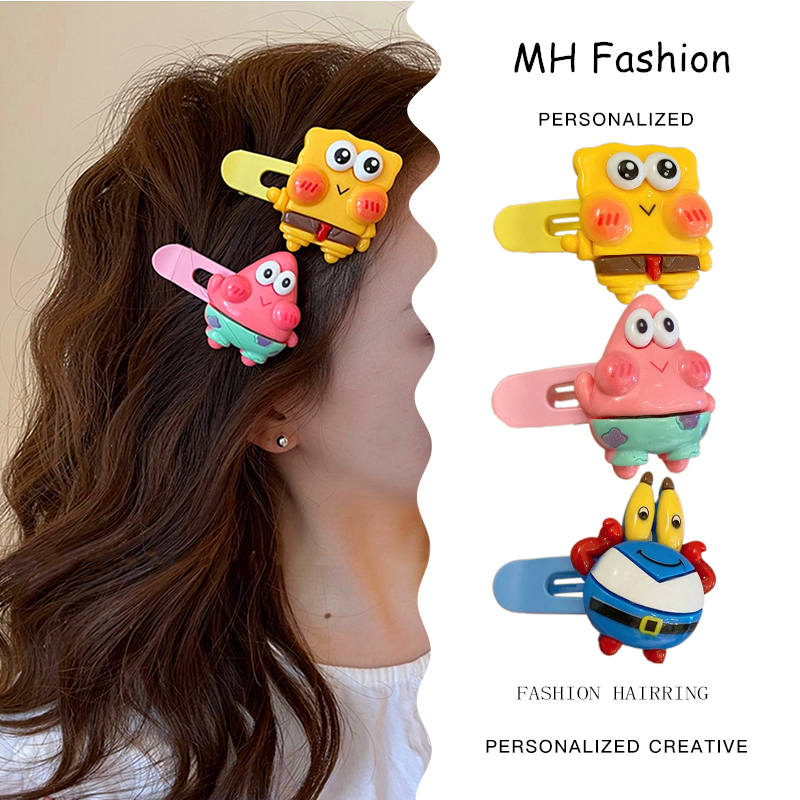 Kartun Lucu Kuning Spongebob Jepit Rambut Untuk Wanita Manis Fashion Warna Pie Bintang Anak Duckbill Clip Acrylic Girl Bang Clip Klip Samping