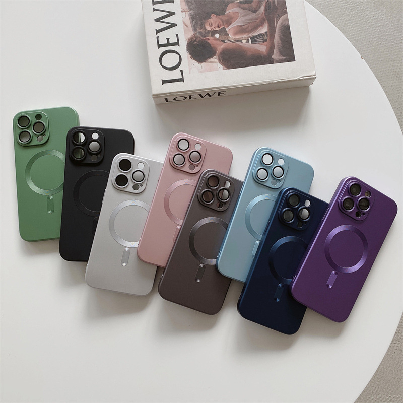 IPHONE Casing Ponsel Pengisian Magnetik Warna solid Sederhana Untuk Iphone12 11 14 13 Pro Max7 8 14 plus X XS XR XS MAX Dilapisi Logam Ke Ponsel Lensa Casing Pelindung case drop-proof