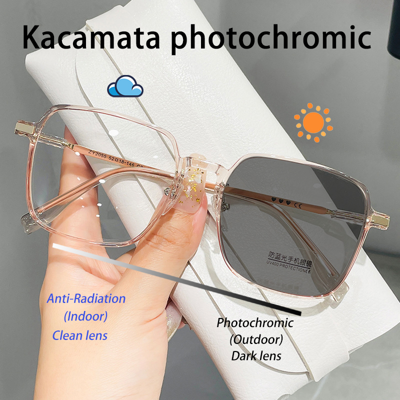 Kacamata Frame Kotak Anti Radiasi Photochromic Untuk Wanita