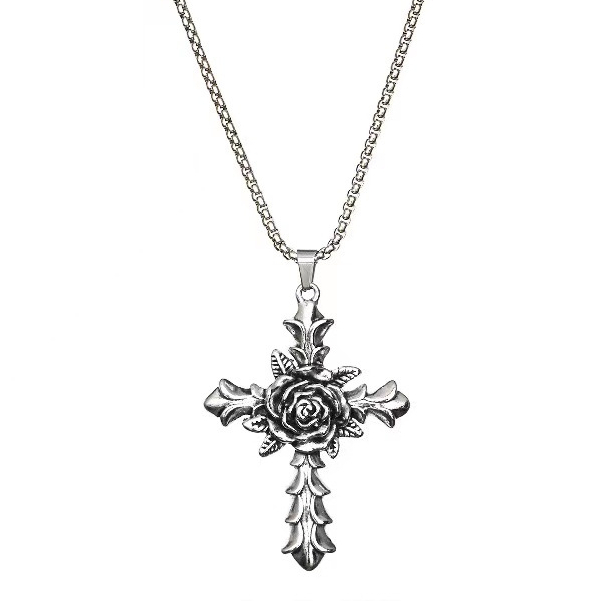 Ins Rose Cross Necklace Retro Liontin Rantai Necklaces