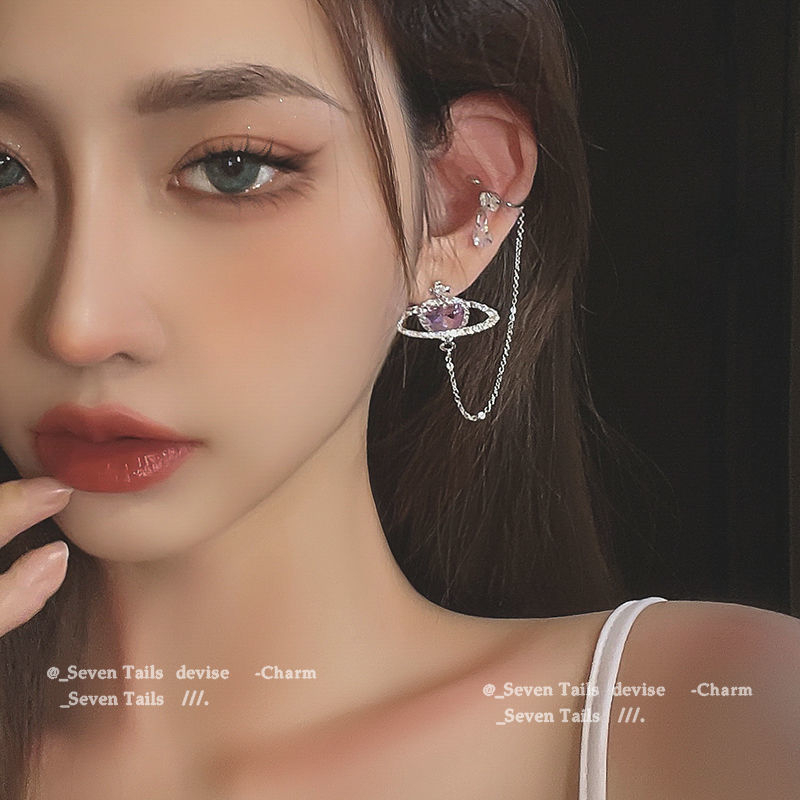 Planet Bintang Amethyst Anting Telinga Tulang Klip Desain One Piece Cahaya Mewah Klip Telinga Anting Wanita Pribadi