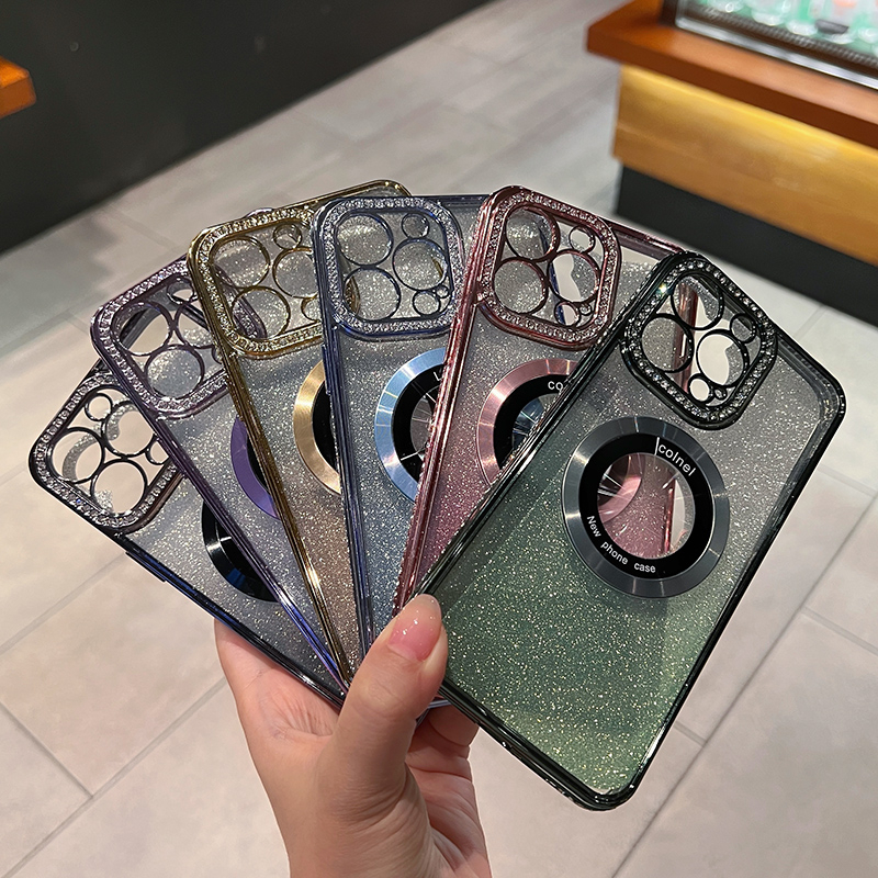 Casing Berlian imitasi gemerlap untuk iPhone 11 12 13 14 pro max dengan casing ponsel transparan pelindung lensa kamera Magnetik case