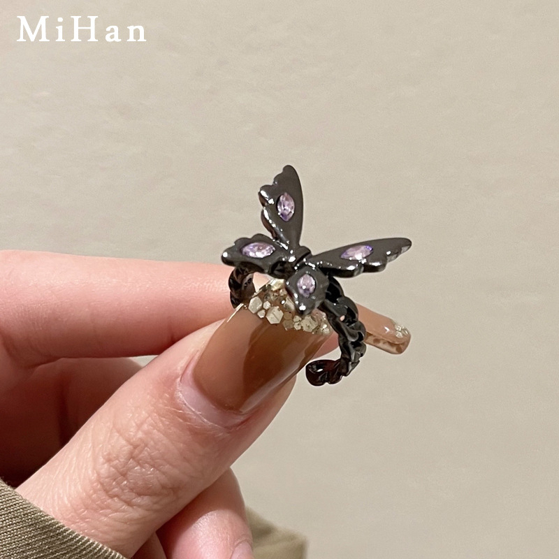 Fashion Hitam Kupu-Kupu Sederhana Cincin Rantai Wanita Rings