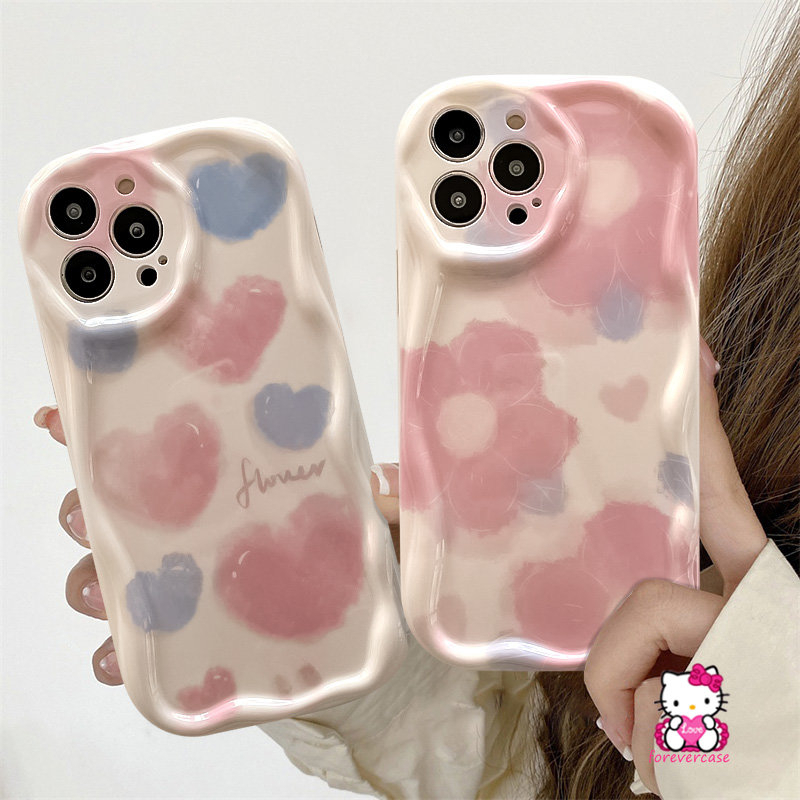 IPHONE Casing 3D Wavy Curved Edge Soft Glossy Kompatibel Untuk Iphone11 12 13 14 Pro Max 7 6s 86 Plus XR XS X Max 7Plus SE 2020 8Plus Watercolor Flower Shockproof Love Heart Cover