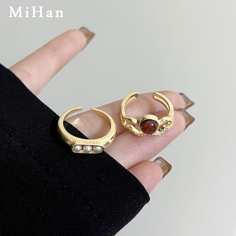 2pcs/set Retro Cincin Permata Mutiara Imitasi Lembut Cahaya Mewah Cincin Wanita Cincin