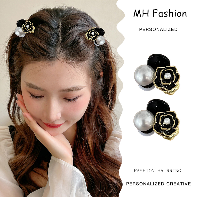 2 Pcs/Temperament Retro Hitam Camellia Ambil Klip Set Untuk Wanita Korea Fashion Mutiara Bunga Hiu Klip Lucu Dan Manis Putri Aksesoris Rambut