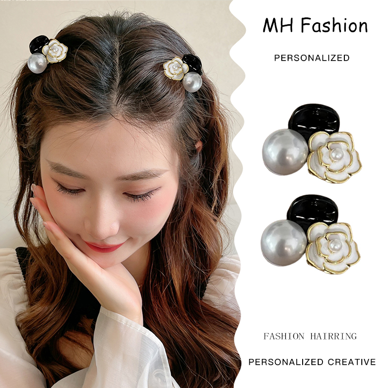 2 Pcs/Temperament Retro Hitam Camellia Ambil Klip Set Untuk Wanita Korea Fashion Mutiara Bunga Hiu Klip Lucu Dan Manis Putri Aksesoris Rambut