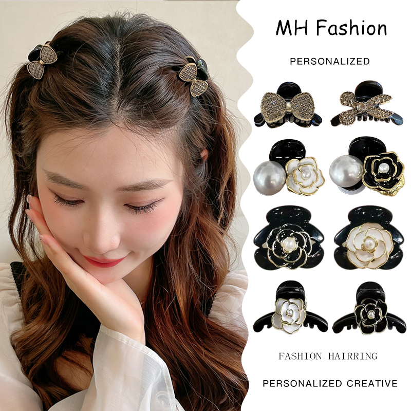 2 Pcs/Temperament Retro Hitam Camellia Ambil Klip Set Untuk Wanita Korea Fashion Mutiara Bunga Hiu Klip Lucu Dan Manis Putri Aksesoris Rambut
