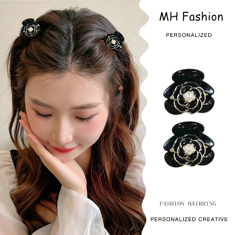 2 Pcs/Temperament Retro Hitam Camellia Ambil Klip Set Untuk Wanita Korea Fashion Mutiara Bunga Hiu Klip Lucu Dan Manis Putri Aksesoris Rambut