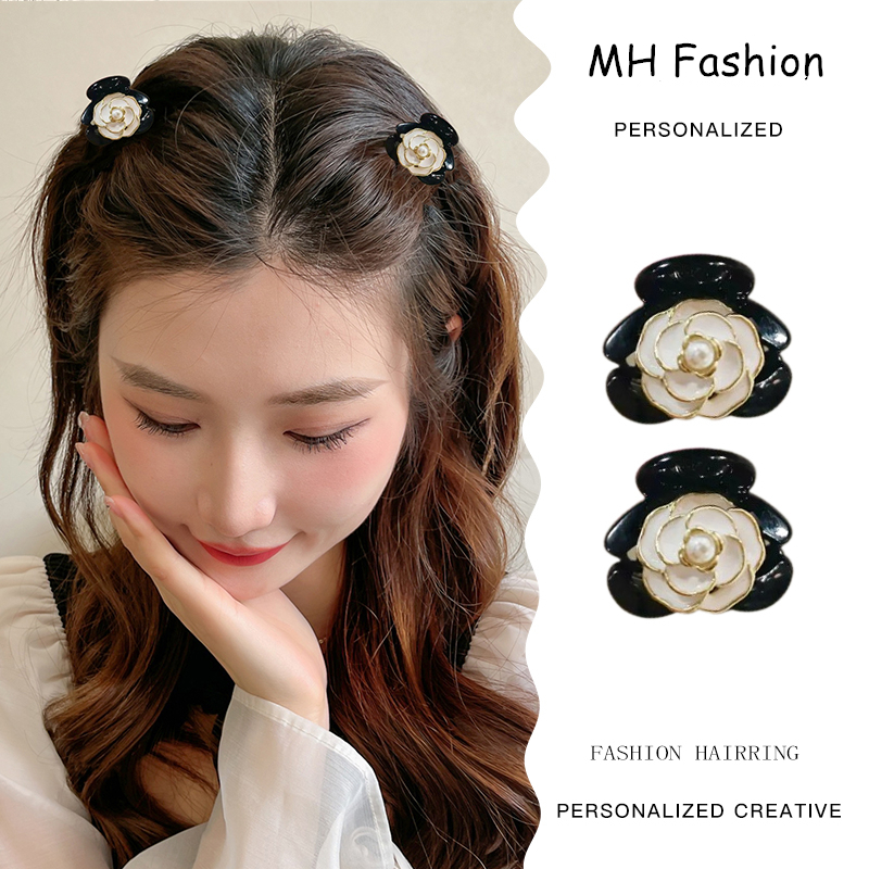 2 Pcs/Temperament Retro Hitam Camellia Ambil Klip Set Untuk Wanita Korea Fashion Mutiara Bunga Hiu Klip Lucu Dan Manis Putri Aksesoris Rambut