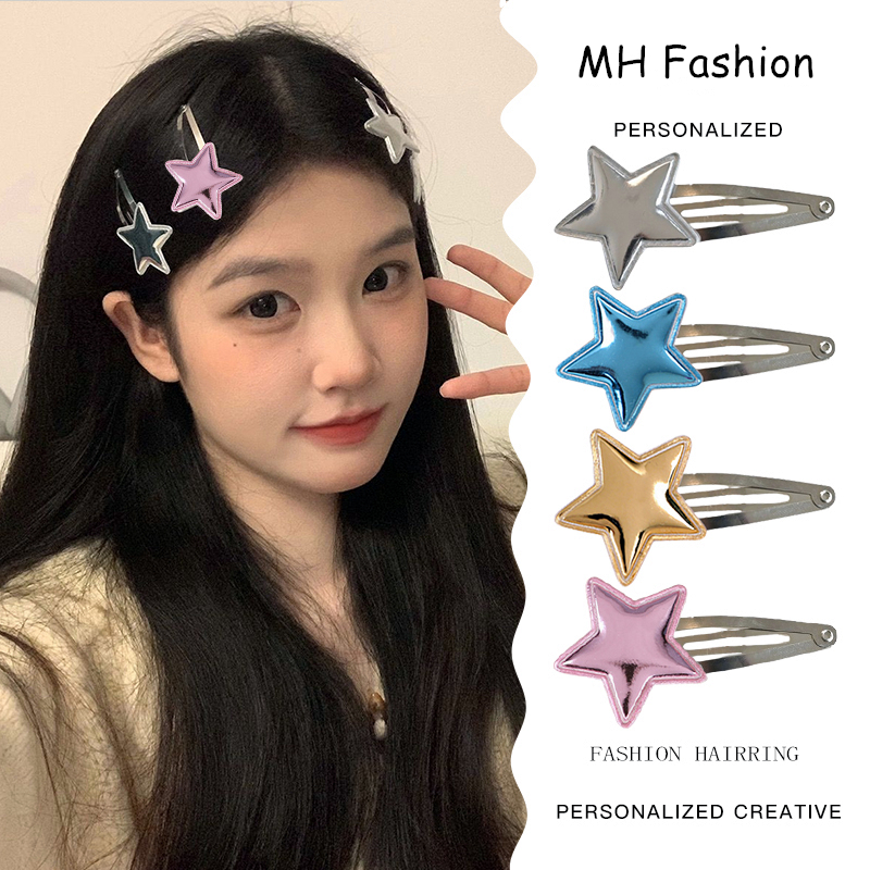2pcs/korean Simple Color Star Hair Clip Set Y2K Manis Keren Silver Star Metal Jepit Rambut Gadis Poni Klip Bb Klip Aksesoris Rambut