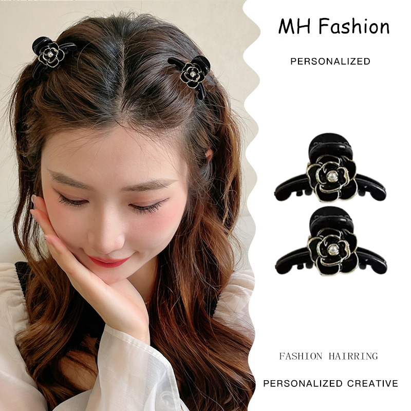 2 Pcs/Temperament Retro Hitam Camellia Ambil Klip Set Untuk Wanita Korea Fashion Mutiara Bunga Hiu Klip Lucu Dan Manis Putri Aksesoris Rambut