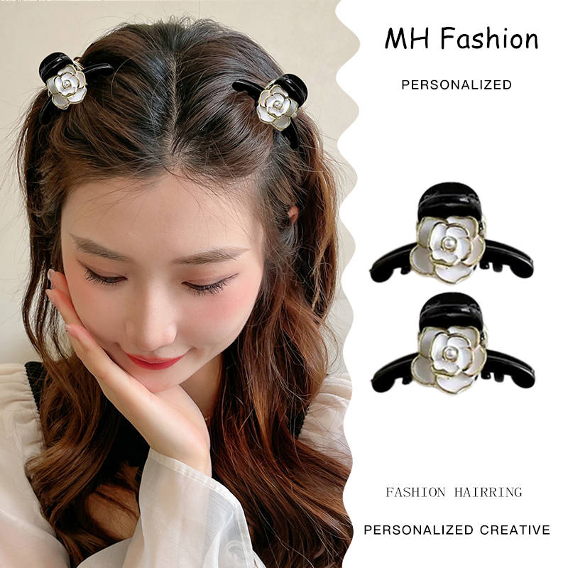 2 Pcs/Temperament Retro Hitam Camellia Ambil Klip Set Untuk Wanita Korea Fashion Mutiara Bunga Hiu Klip Lucu Dan Manis Putri Aksesoris Rambut