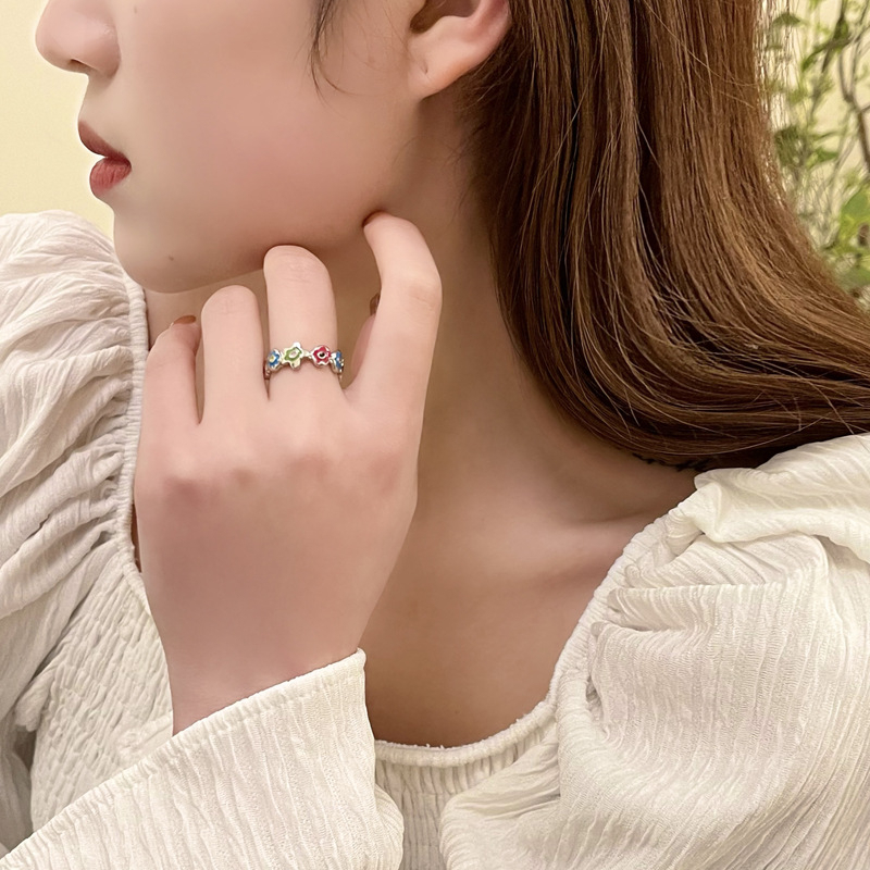 Fashion Warna Kontras Tetesan Minyak Bunga Cincin Retro Sederhana Cincin Wanita Cincin