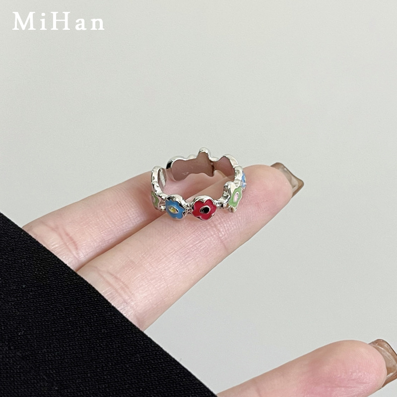 Fashion Warna Kontras Tetesan Minyak Bunga Cincin Retro Sederhana Cincin Wanita Cincin