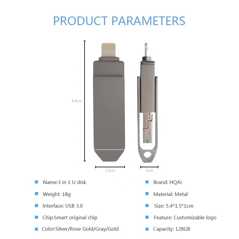 Hqai 3.0 USB 128GB 3in1 OTG Flash Driver Metal Anti Air Driver Disk U Kecepatan Tinggi Cocok Untuk Semua Ponsel Android iPhone6 /7 /8 /X/XR /11 /12 /13 /14