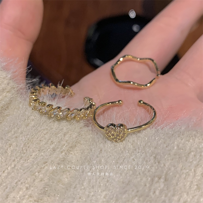 Cincin Emas 18K Zirkon Elegan Hati Twist Open Rings Untuk Perhiasan Aksesoris Wanita