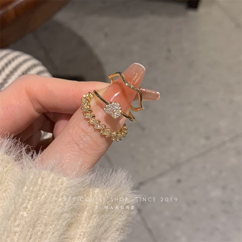 Cincin Emas 18K Zirkon Elegan Hati Twist Open Rings Untuk Perhiasan Aksesoris Wanita