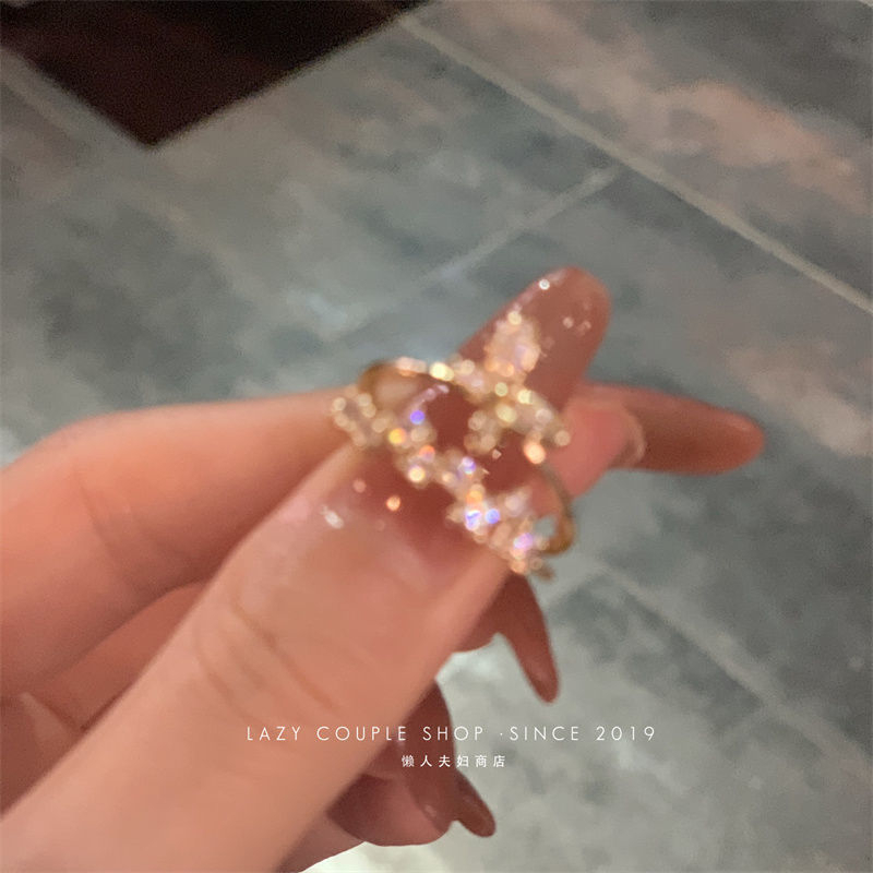 Cincin Kupu-Kupu Berlian Mewah Untuk Wanita Pembukaan Perhiasan Aksesoris Cincin Jari Lapisan Ganda Yang Dapat Disesuaikan