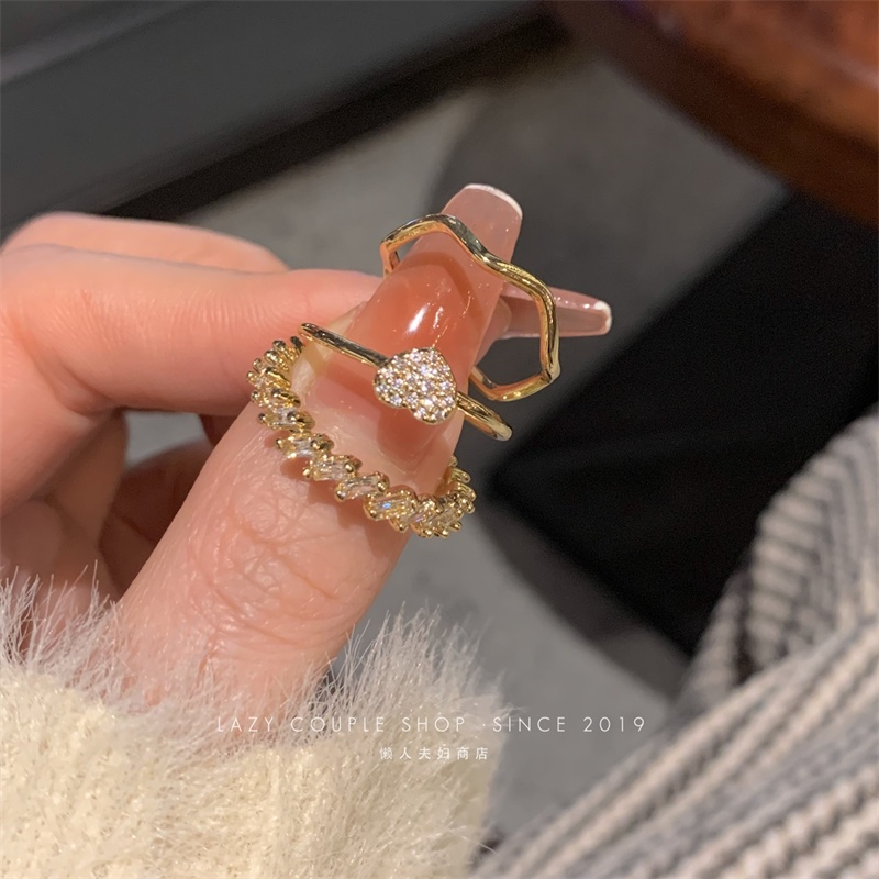 Cincin Emas 18K Zirkon Elegan Hati Twist Open Rings Untuk Perhiasan Aksesoris Wanita