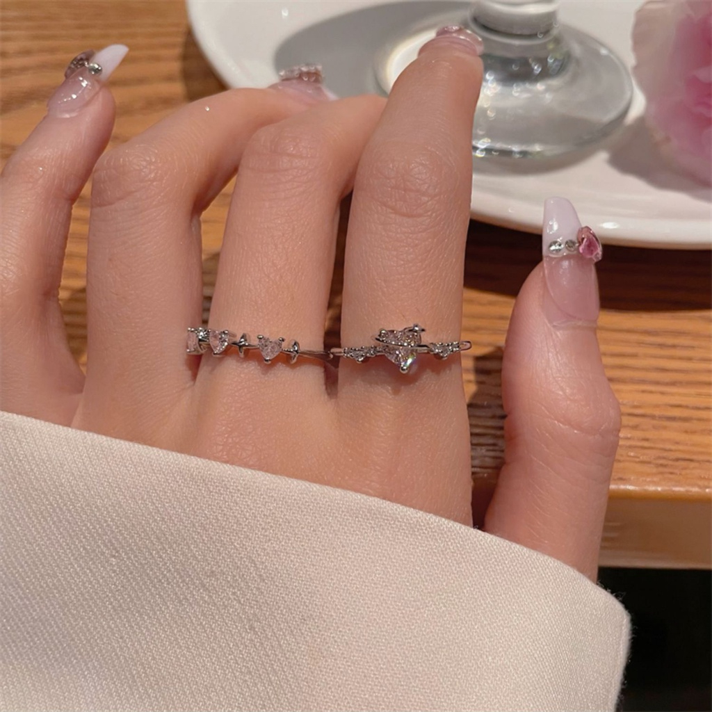 Pink Zirkon Jantung Cincin Untuk Wanita Manis Aksesoris Perak Terbuka Rings Perhiasan Gadis