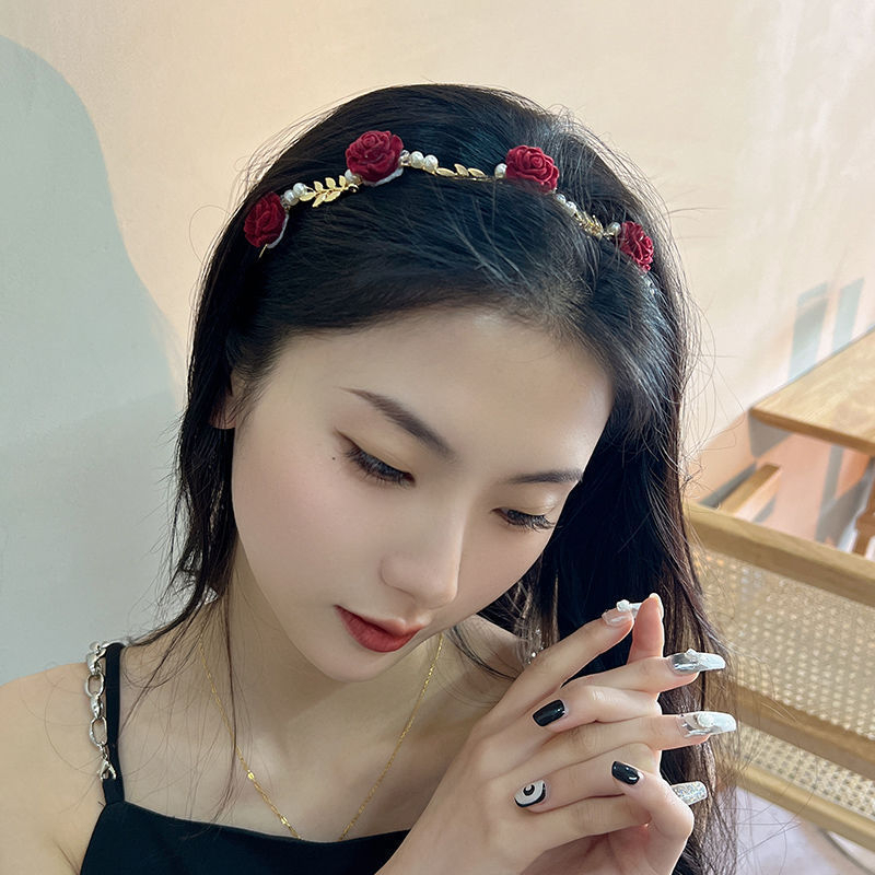 Korea Alloy Mutiara Bunga Bando Rantai Kristal Tipis Rambut Band Woman Aksesoris Rambut