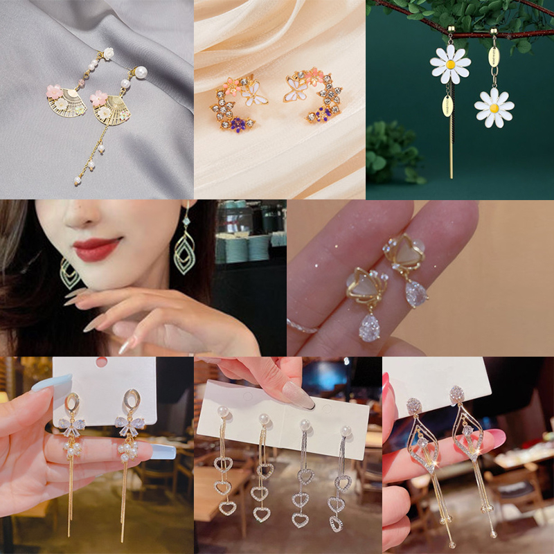 Anting Bunga Daisy Gadis Huruf Oval Rumbai Panjang Asimetris Stud Hadiah Ulang Tahun Acara Penting