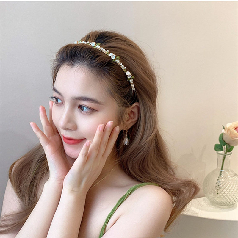 Korea Alloy Mutiara Berlian Imitasi Bando Kristal Manik-Manik Daun Rambut Band Woman Aksesoris Rambut