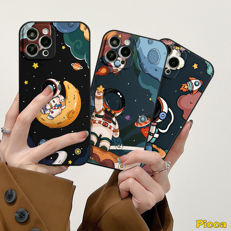 IPHONE Trendy Merek NASA Lucu Kartun Astronot Case Kompatibel Untuk Iphone11 13 12 14 Pro Max 6 7 8 6S Plus XR X XS Max SE 2020 Tepi Lurus Lembut Tpu Phone Cover