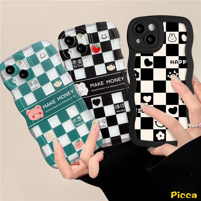 Baru Wavy Edge Case Realme 10 C53 C35 C15 C25 C21Y C25Y C11 2021 5 C12 C20A C1 C20 C25s C3 C20A C11 2020 5i 5s 6i Pasangan Checkerboard Bear Rabbit Shockproof Lembut Tpu Penutup Belakang