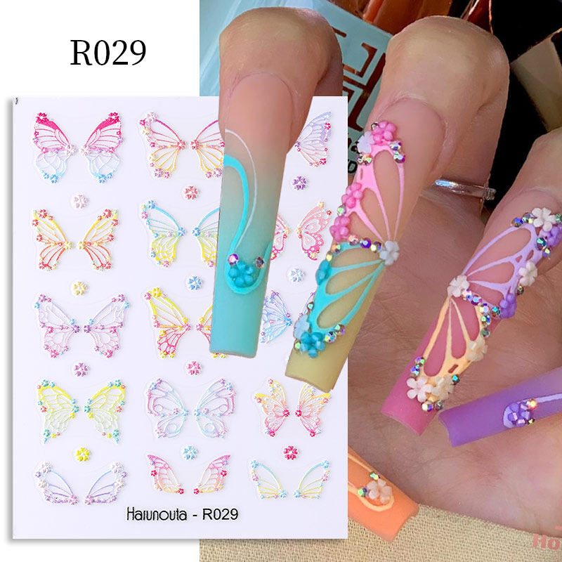 Butterfly Grafir 5D Stiker Kuku French Leaves Flowers Timbul Perekat Slider Untuk Musim Panas Kuku Manicure